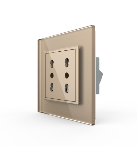 Priza dubla module inguste Livolo cu rama din sticla - standard german, auriu