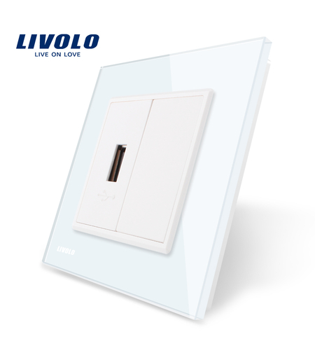 Priza USB Livolo cu rama din sticla, alb