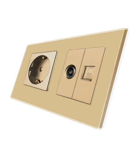 Priza Schuko + TV + Internet cu Rama Din Sticla LUXION, auriu