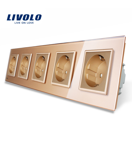Priza cvintupla Livolo cu rama din sticla, auriu
