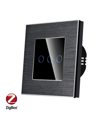 Intrerupator Triplu cu Touch din Sticla si Rama de Aluminiu LUXION, Protocol ZigBee, negru