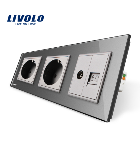 Priza tripla Livolo cu rama din sticla 2 prize simple+TV/internet, gri