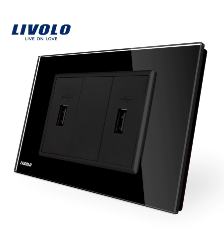 Priza dubla USB Livolo cu rama din sticla - standard italian, negru