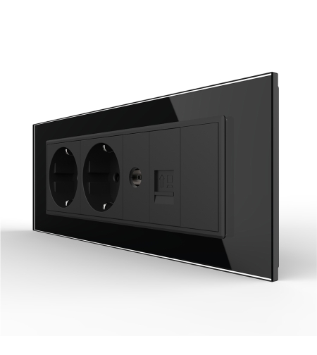 Priza Tripla cu Blank Livolo cu Rama din Sticla 2 Prize Schuko+TV/internet, Standard Italian - Serie Noua, negru