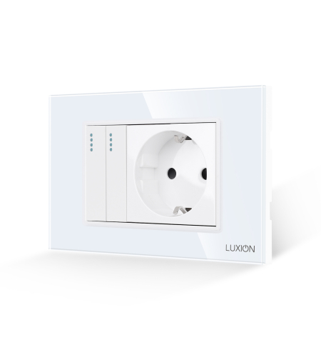 Intrerupator Dublu + Priza cu Rama din Sticla LUXION, Standard Italian, 3M, alb