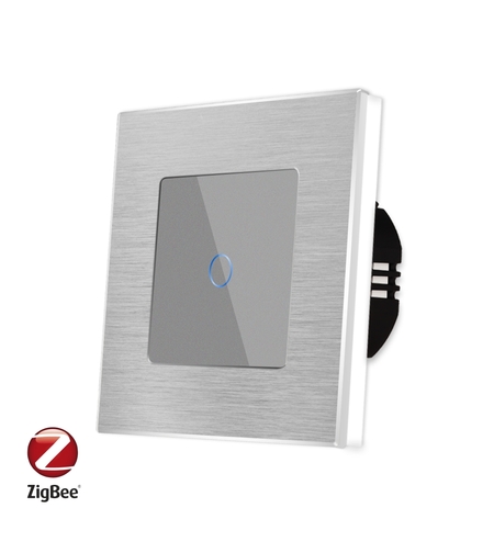 Intrerupator Simplu cu Touch din Sticla si Rama de Aluminiu LUXION, protocol Zigbee, gri