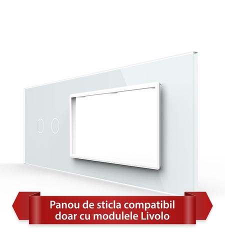 Panou Intrerupator Dublu cu 2 Prize LIVOLO din Sticla, Standard Italian - 6/7M, alb