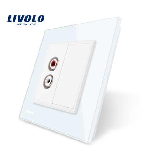 Priza simpla audio Livolo cu rama din sticla, alb