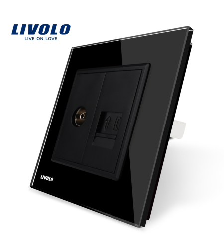 Priza dubla TV + Telefon Livolo cu rama din sticla, negru