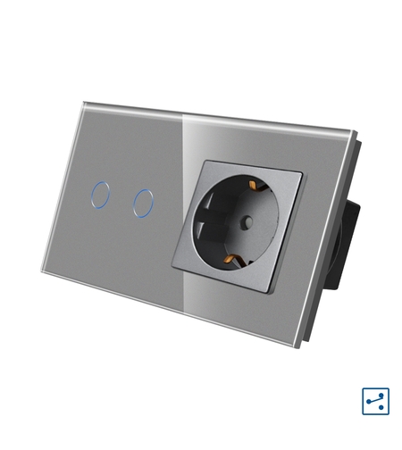 Intrerupator Dublu Cap Scara / Cruce + Priza cu Rama din Sticla LUXION, Serie A, gri