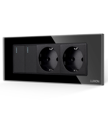 Intrerupator Dublu + 2 Prize cu Rama din Sticla LUXION, Standard Italian, 6M, negru