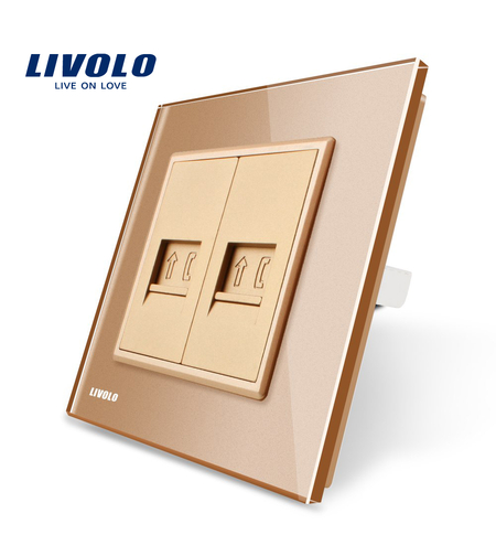 Priza dubla Telefon Livolo cu rama din sticla, auriu