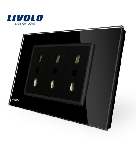 Priza tripla italiana Livolo cu rama din sticla - standard italian, negru