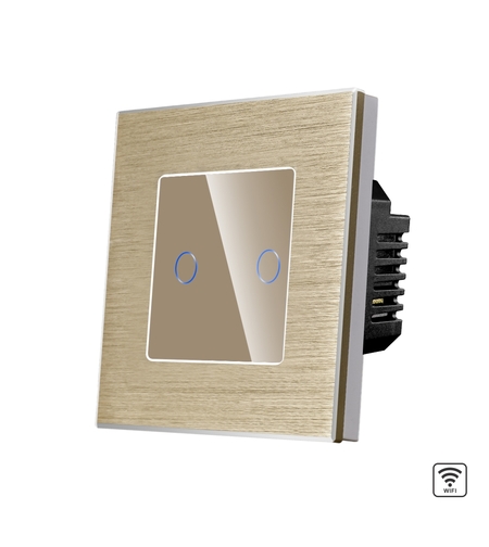 Intrerupator Dublu Wi-Fi cu Touch din Sticla si Rama de Aluminiu LUXION, auriu