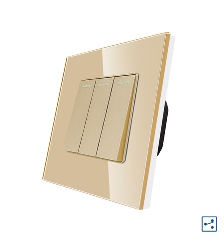 Intrerupator Triplu Cap Scara Mecanic LUXION cu Rama din Sticla, auriu