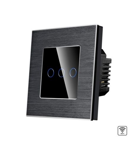 Intrerupator Triplu Wi-Fi cu Touch din Sticla si Rama de Aluminiu LUXION, negru