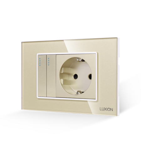 Intrerupator Dublu + Priza cu Rama din Sticla LUXION, Standard Italian, 3M, auriu