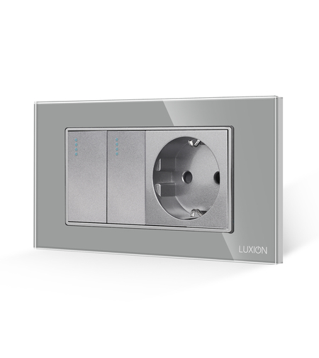 Intrerupator Dublu + Priza cu Rama din Sticla LUXION, Standard Italian, 4M, gri