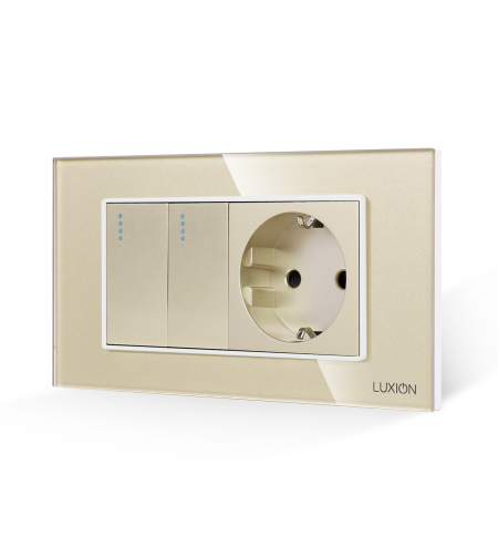 Intrerupator Dublu + Priza cu Rama din Sticla LUXION, Standard Italian, 4M, auriu