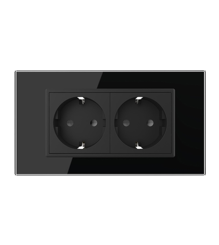 Priza dubla Livolo cu rama din sticla 4M, standard Italian, Serie noua, negru