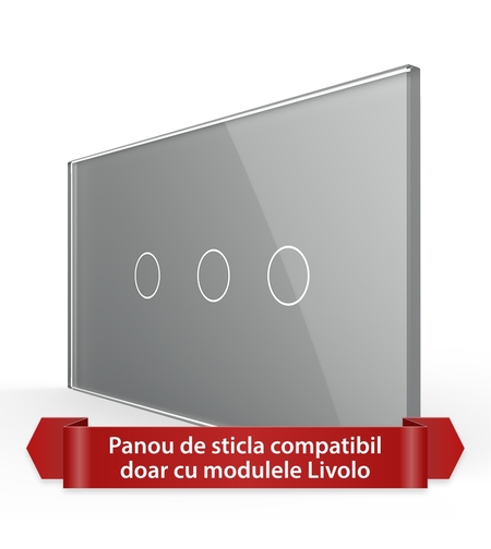 Panou Intrerupator Simplu + Dublu cu Touch LIVOLO din Sticla, Standard Italian - 4M, gri