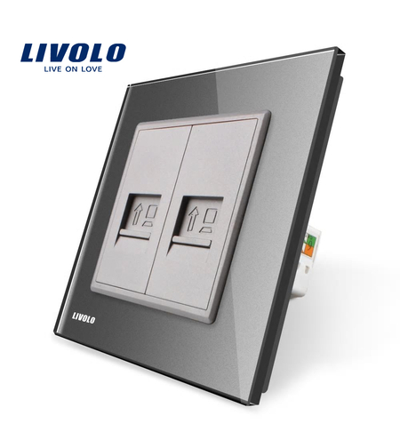 Priza dubla internet Livolo cu rama din sticla, gri