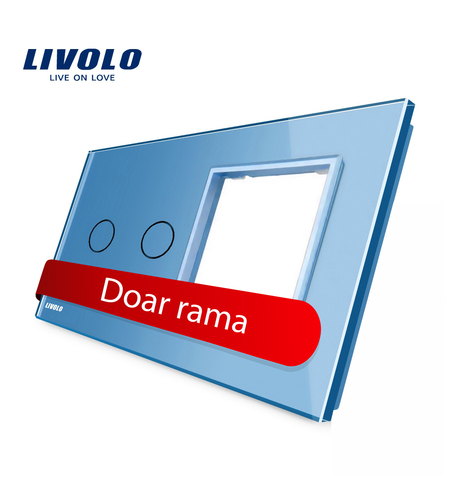 Panou intrerupator dublu cu touch + priza simpla Livolo din sticla, albastru