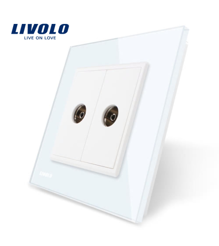 Priza dubla TV Livolo cu rama din sticla, alb