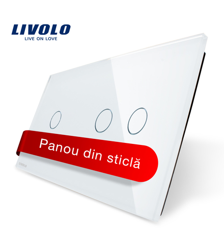 Panou intrerupator simplu+dublu cu touch Livolo din sticla, alb