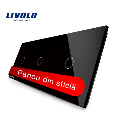 Panou intrerupator simplu+simplu+simplu cu touch Livolo din sticla, negru