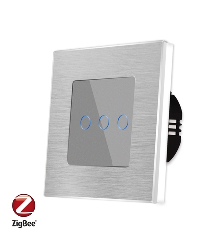 Intrerupator Triplu cu Touch din Sticla si Rama de Aluminiu LUXION, Protocol ZigBee, gri