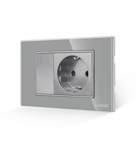 Intrerupator Simplu + Priza cu Rama din Sticla LUXION, Standard Italian, 3M, gri