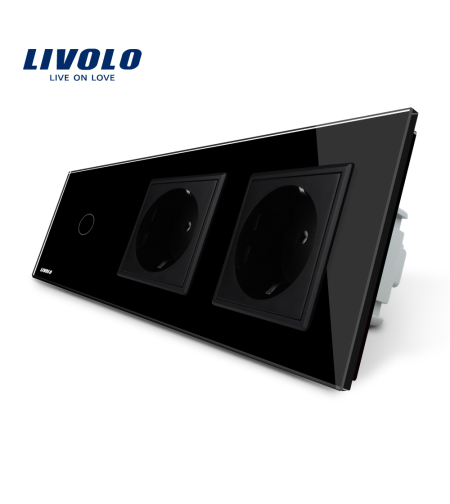 Intrerupator LIVOLO simplu cap scara / cap cruce cu touch si 2 prize din sticla, negru