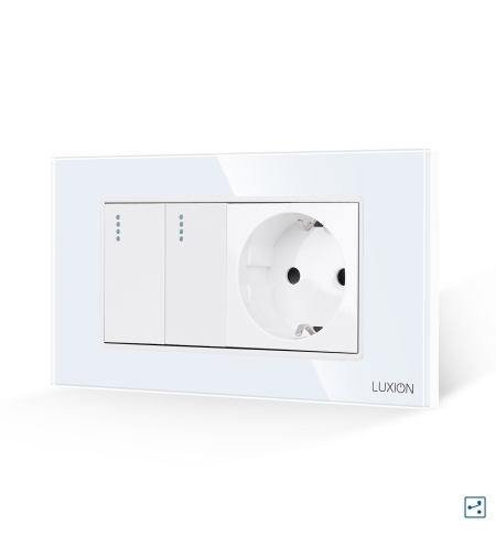 Intrerupator Dublu Cap Scara + Priza cu Rama din Sticla LUXION, Standard Italian, 4M, alb