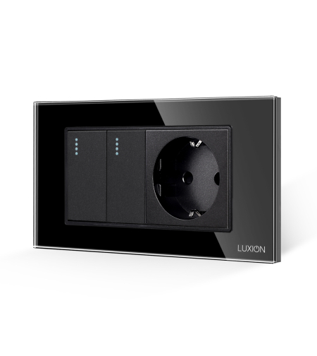 Intrerupator Dublu + Priza cu Rama din Sticla LUXION, Standard Italian, 4M, negru