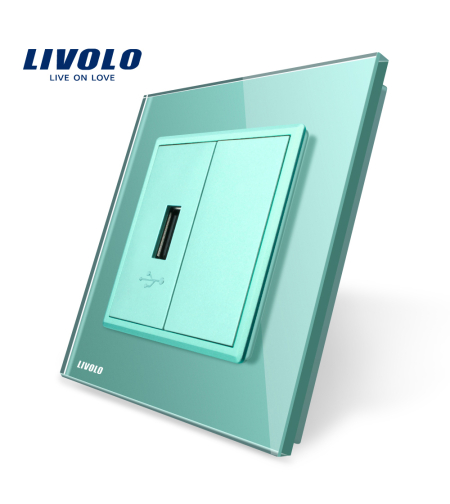 Priza USB Livolo cu rama din sticla, verde