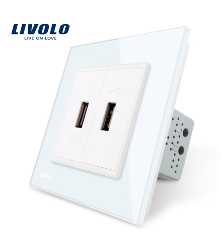 Priza dubla USB Livolo cu rama din sticla, alb
