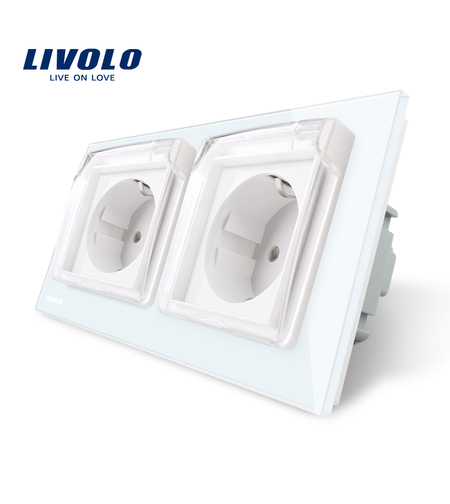 Priza dubla Livolo cu rama din sticla si capac de protectie rezistent la apa, alb