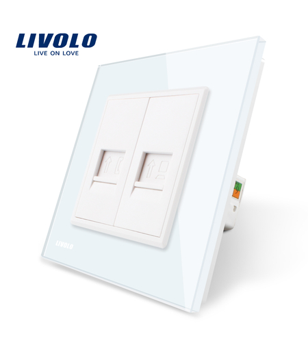Priza dubla Telefon + Priza internet Livolo cu rama din sticla, alb
