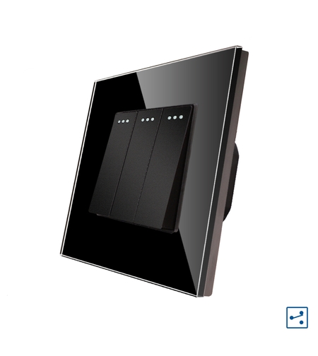Intrerupator Triplu Cap Scara Mecanic LUXION cu Rama din Sticla, negru