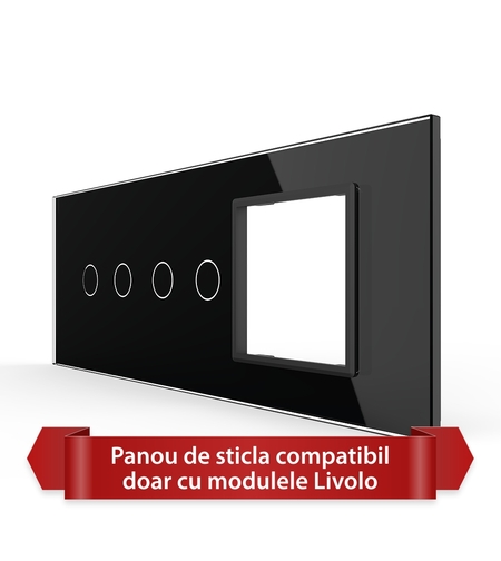 Panou Intrerupator Dublu + Dublu cu Priza LIVOLO din Sticla, Standard Italian - 6/7M, negru