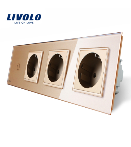 Intrerupator simplu + Priza tripla LIVOLO cu touch din sticla, auriu