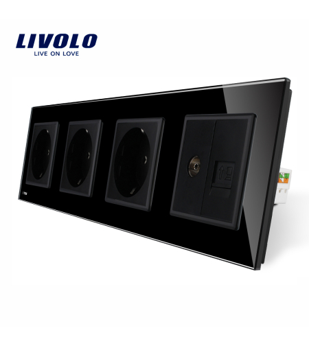 Priza cvadrupla Livolo cu rama din sticla 3 prize simple+TV/internet, negru