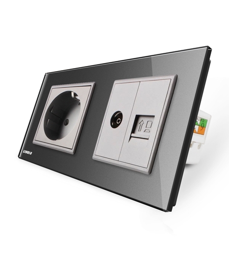 Priza dubla Livolo cu rama din sticla 1 priza Schuko+TV/internet, gri