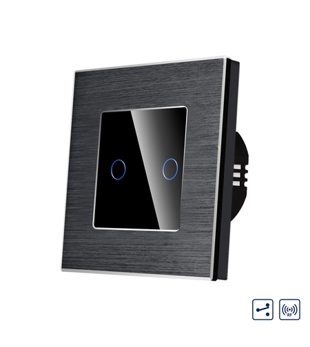 Intrerupator Dublu Cap Scara / Cruce cu Touch din Sticla si Rama de Aluminiu LUXION, RF433, negru
