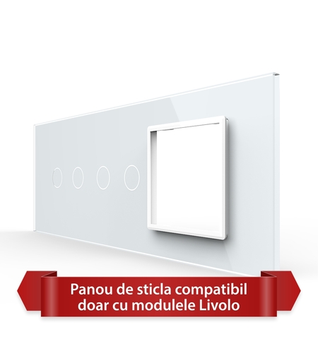 Panou Intrerupator Dublu + Dublu cu Priza LIVOLO din Sticla, Standard Italian - 6/7M, alb
