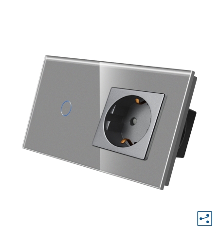 Intrerupator Simplu Cap Scara / Cruce + Priza cu Rama din Sticla LUXION, Serie A, gri