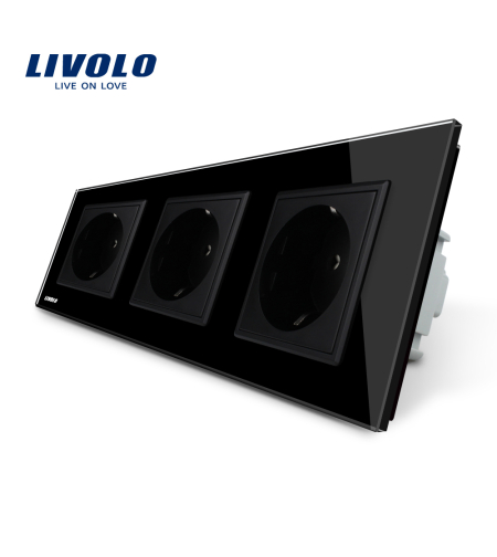 Priza tripla Livolo cu rama din sticla, negru