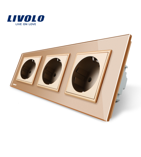 Priza tripla Livolo cu rama din sticla, auriu