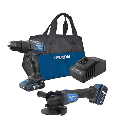 Set 2 scule cu acumulator 20V Hyundai, motor fara perii, masina de gaurit si insurubat cu percutie HD20X-60, polizor unghiular Hyundai AG20X-115, geanta transport